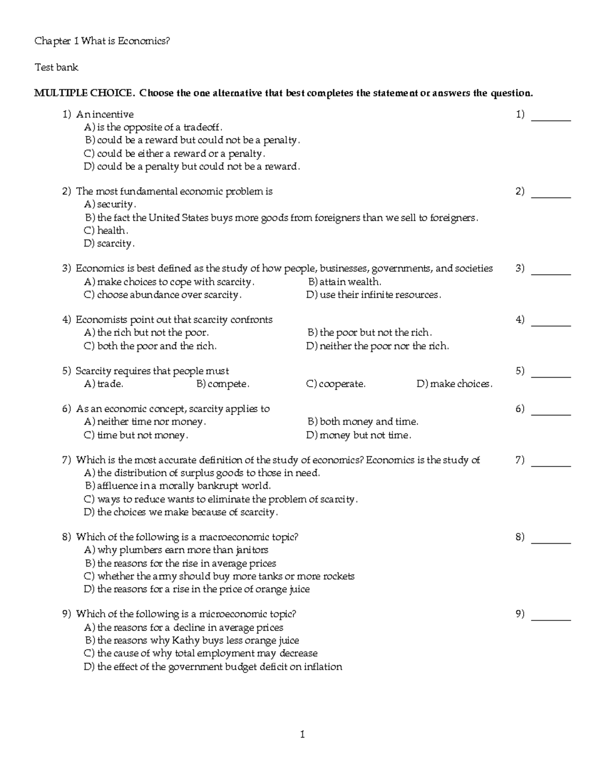 Chap 1 mc - Chapter 1 What is Economics? Test bank MULTIPLE CHOICE ...