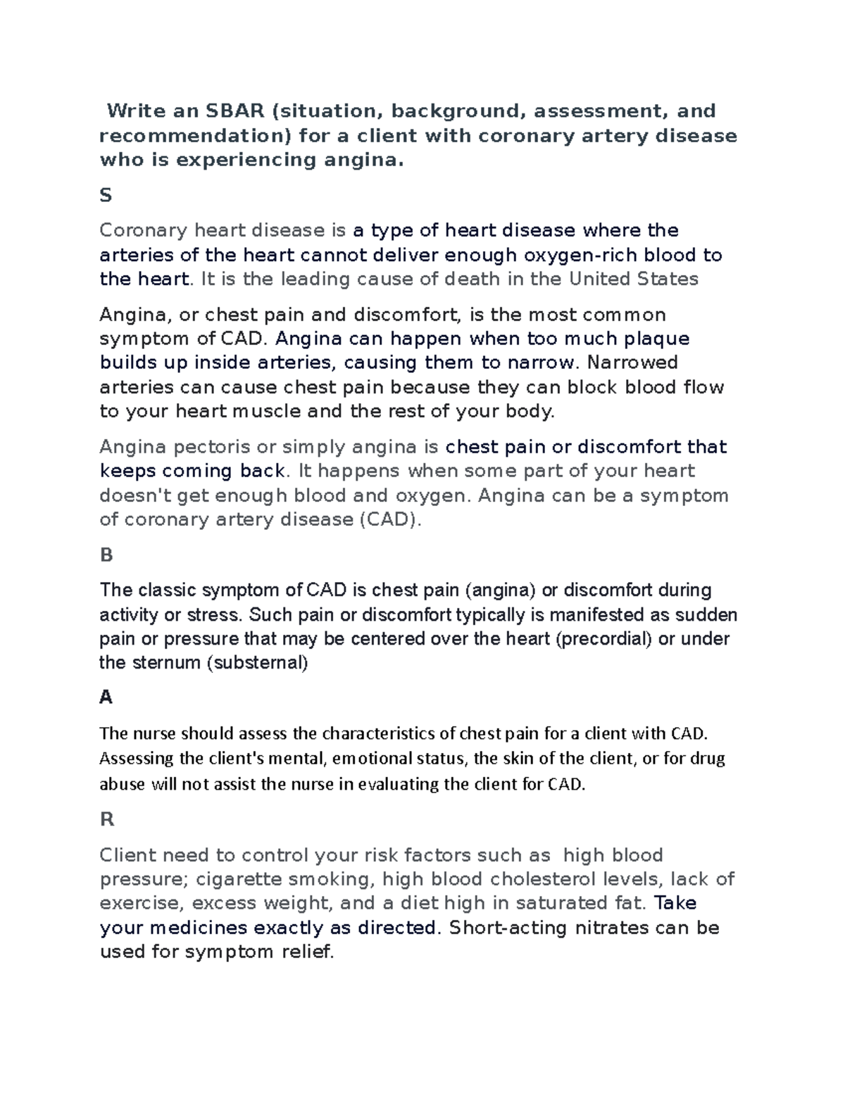 SBAR Angina - explaination about sbar in nursing process - Write an ...