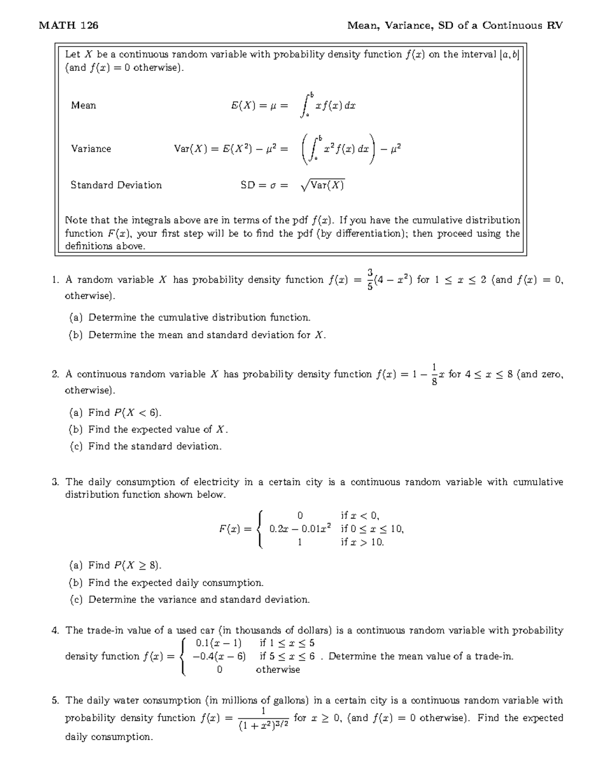 Meanvariance SD - Mean Variance - MATH 126 Mean, Variance, SD of a ...