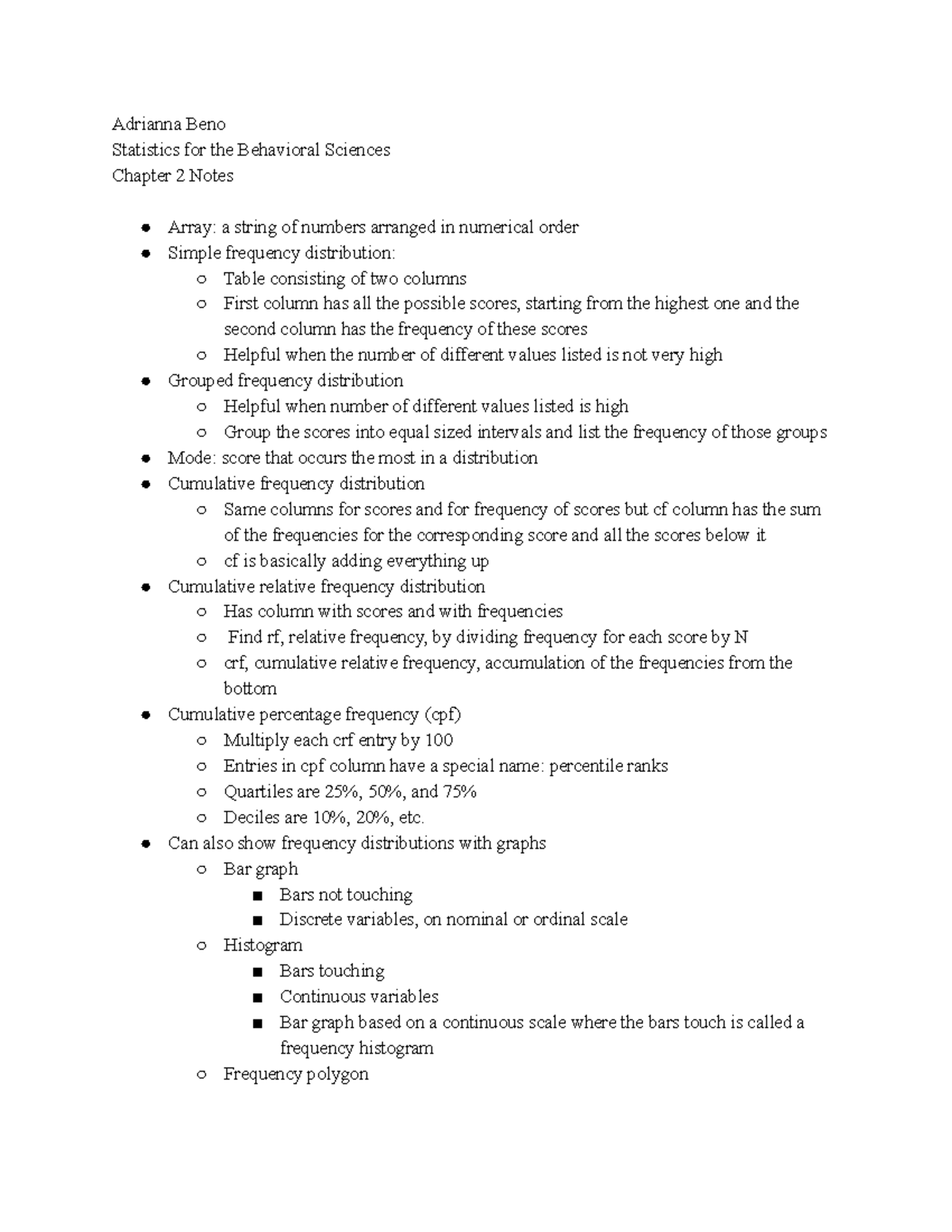 Chapter 2 notes - Adrianna Beno Statistics for the Behavioral Sciences ...