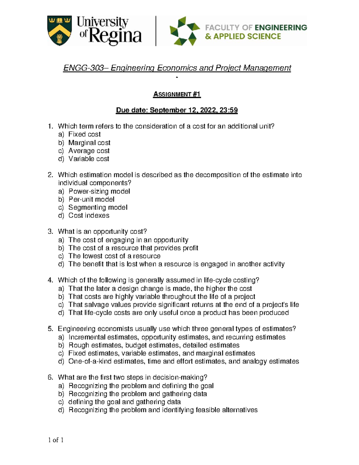 Engg 303 Assignment 1 Engg 303 Engineering Economics And Project Management 1 Of 1 Engg 303 Assignment 1 Engg 303 Engineering Economics And Project Management 1 Of 1