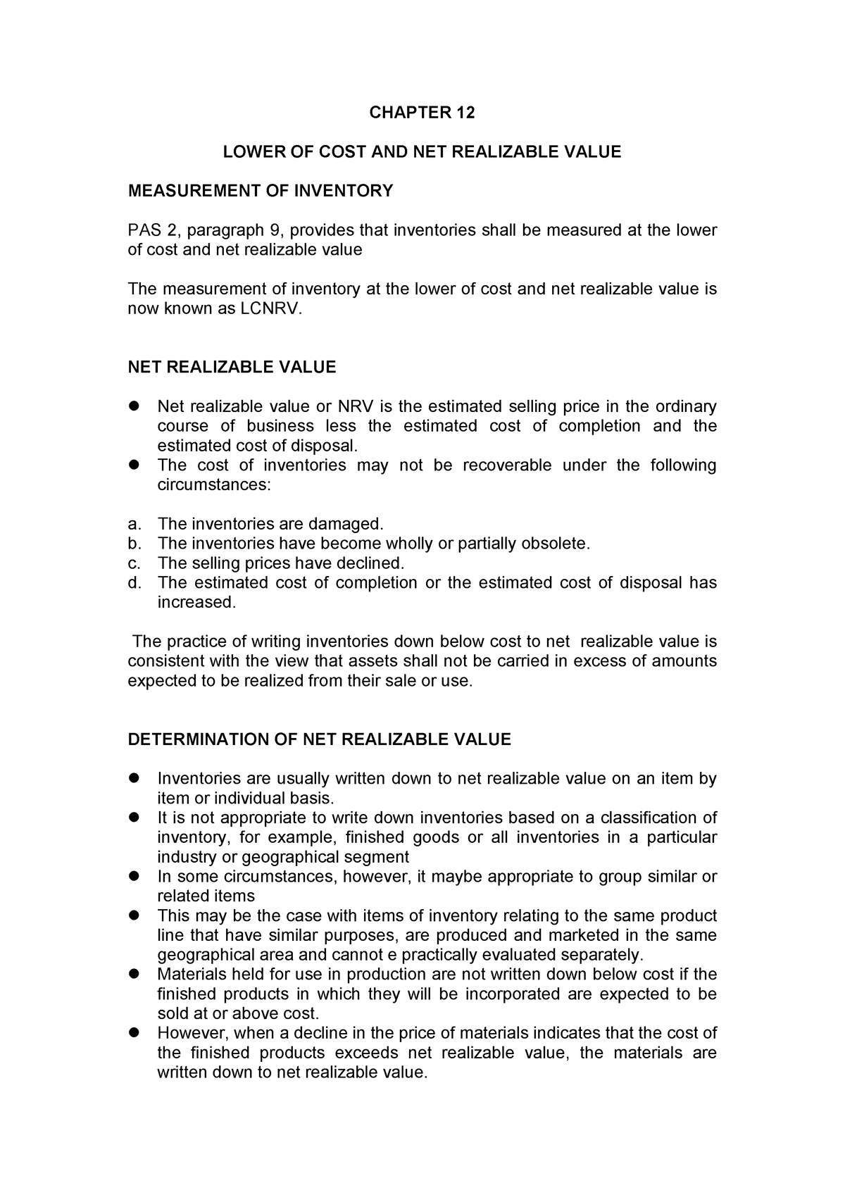 Chapter 12 Lower COST OF Value - CHAPTER 12 LOWER OF COST AND NET