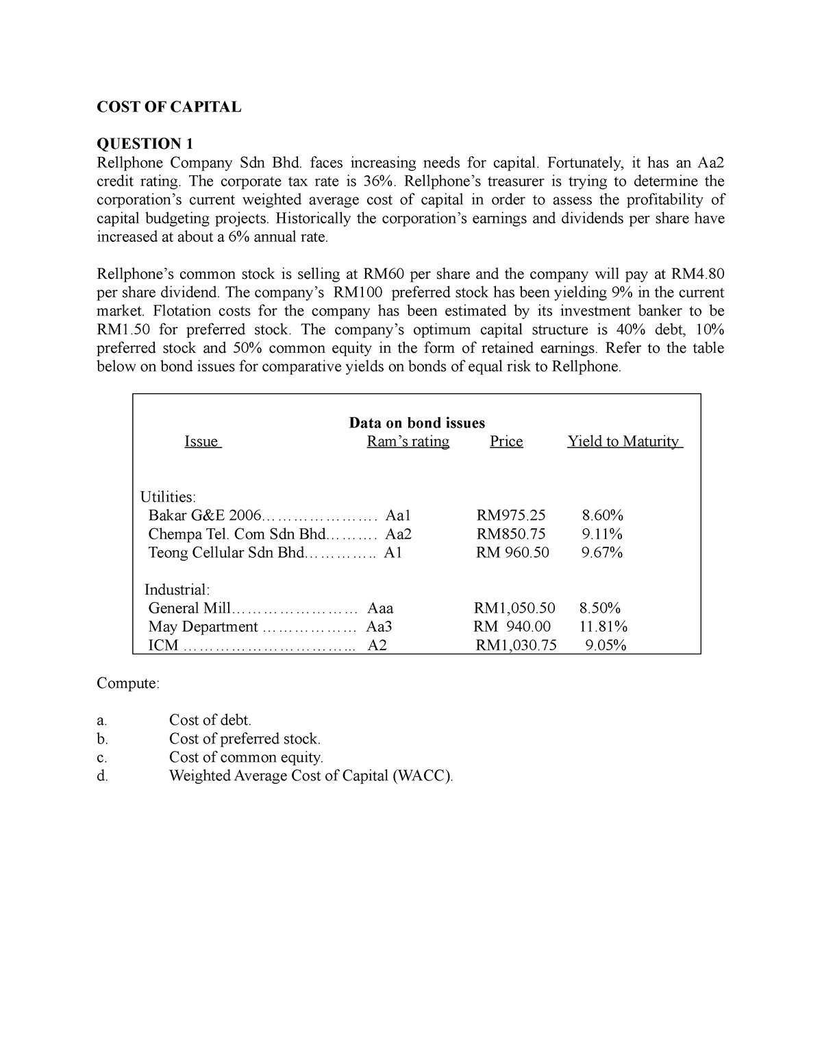 Cost Of Capital Exercises Cost Of Capital Question 1 Rellphone Company Sdn Bhd Faces 9319