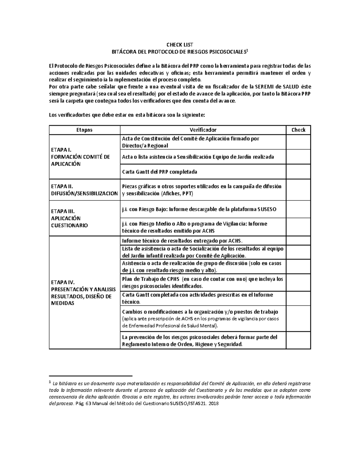Anexo 1 Check list BITÁCORA PRP - CHECK LIST BIT¡CORA DEL PROTOCOLO DE ...