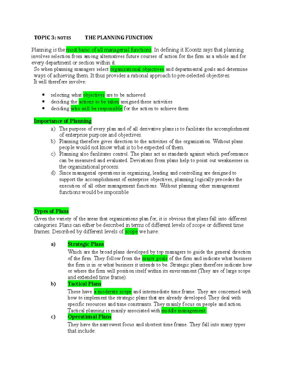 Topic 4 Planning AND Decision Making - TOPIC 3: NOTES THE PLANNING ...