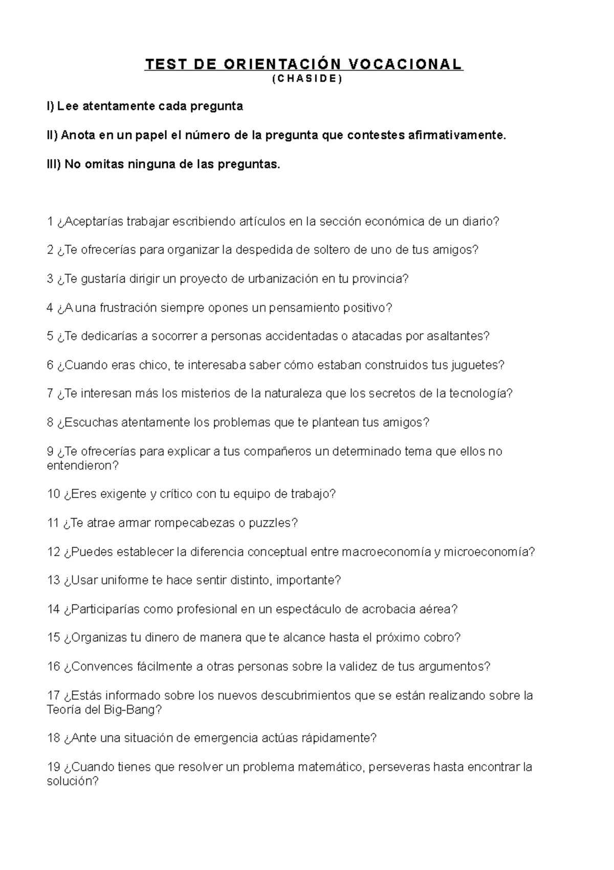 Test De Orientaci n Vocacional T E S T D E O R I E N TA C I N V O C