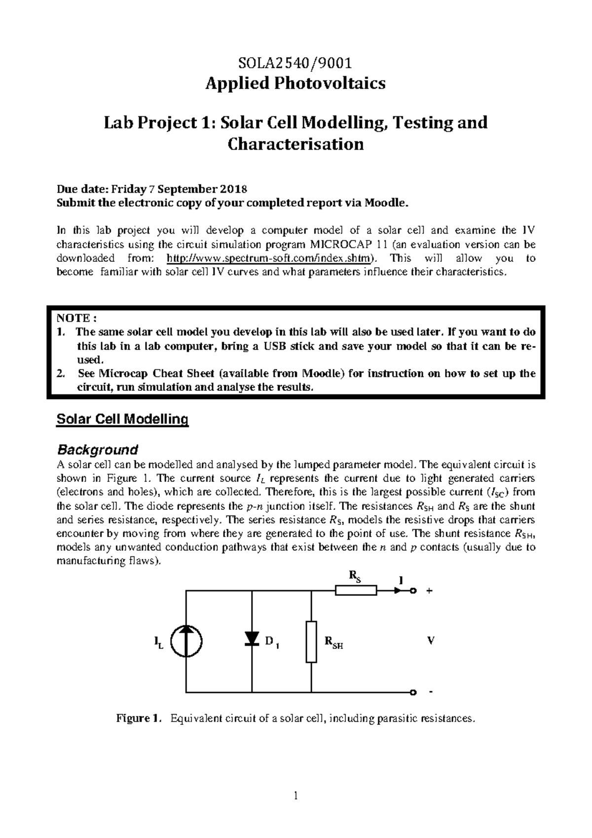 laboratory 1 2018 - SOLA2540/9001 Applied Photovoltaics Lab Project 1 ...