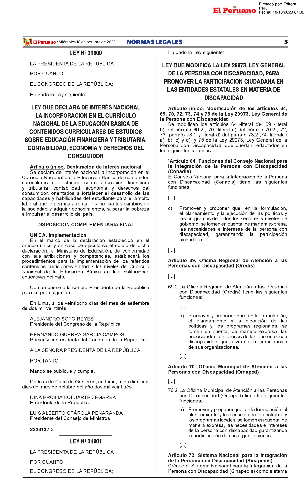 31900-LEY - LEYES - El Peruano /Miércoles 18 De Octubre De 2023 NORMAS ...