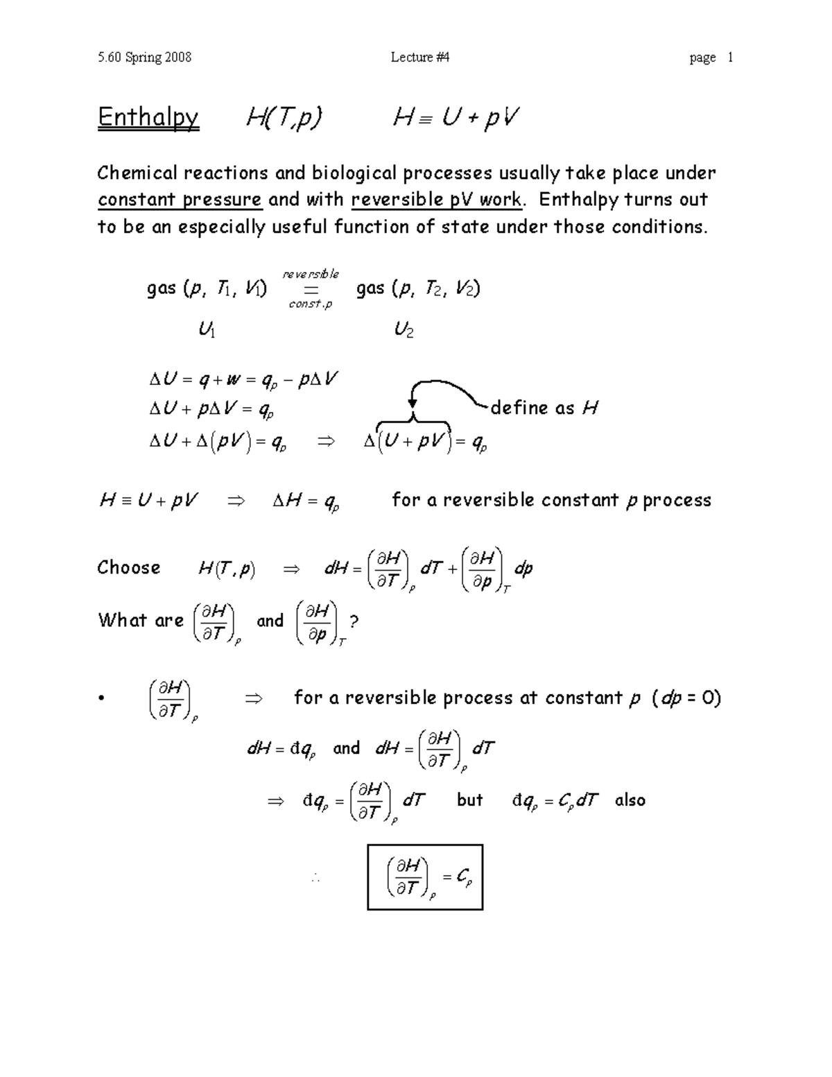 E1f8054833 e8077bf9428c27cbf0465c 5 60 lecture 4 - Enthalpy H(T,p) H ≡U ...