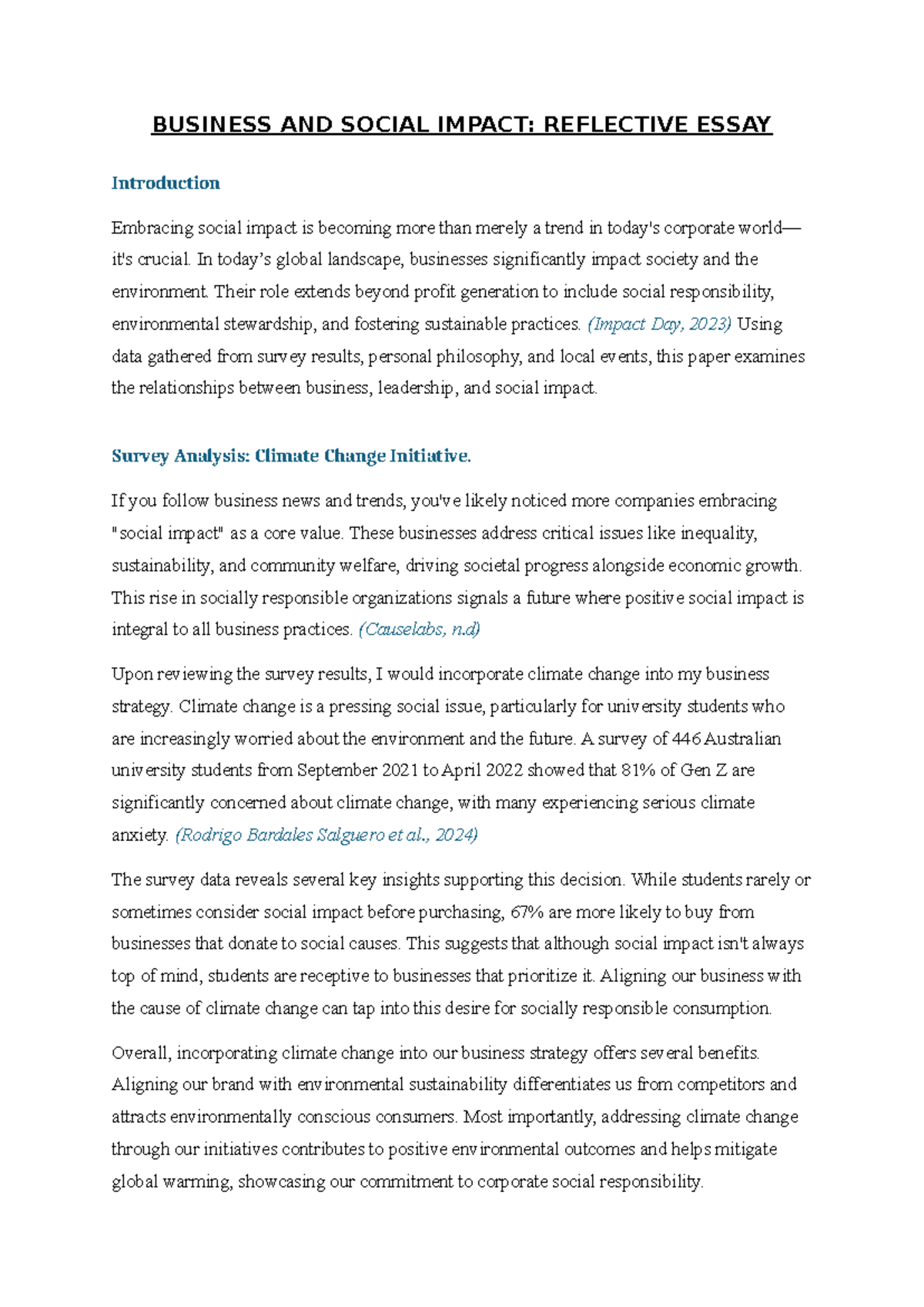 Final Essay - assessment 3 - BUSINESS AND SOCIAL IMPACT: REFLECTIVE ...