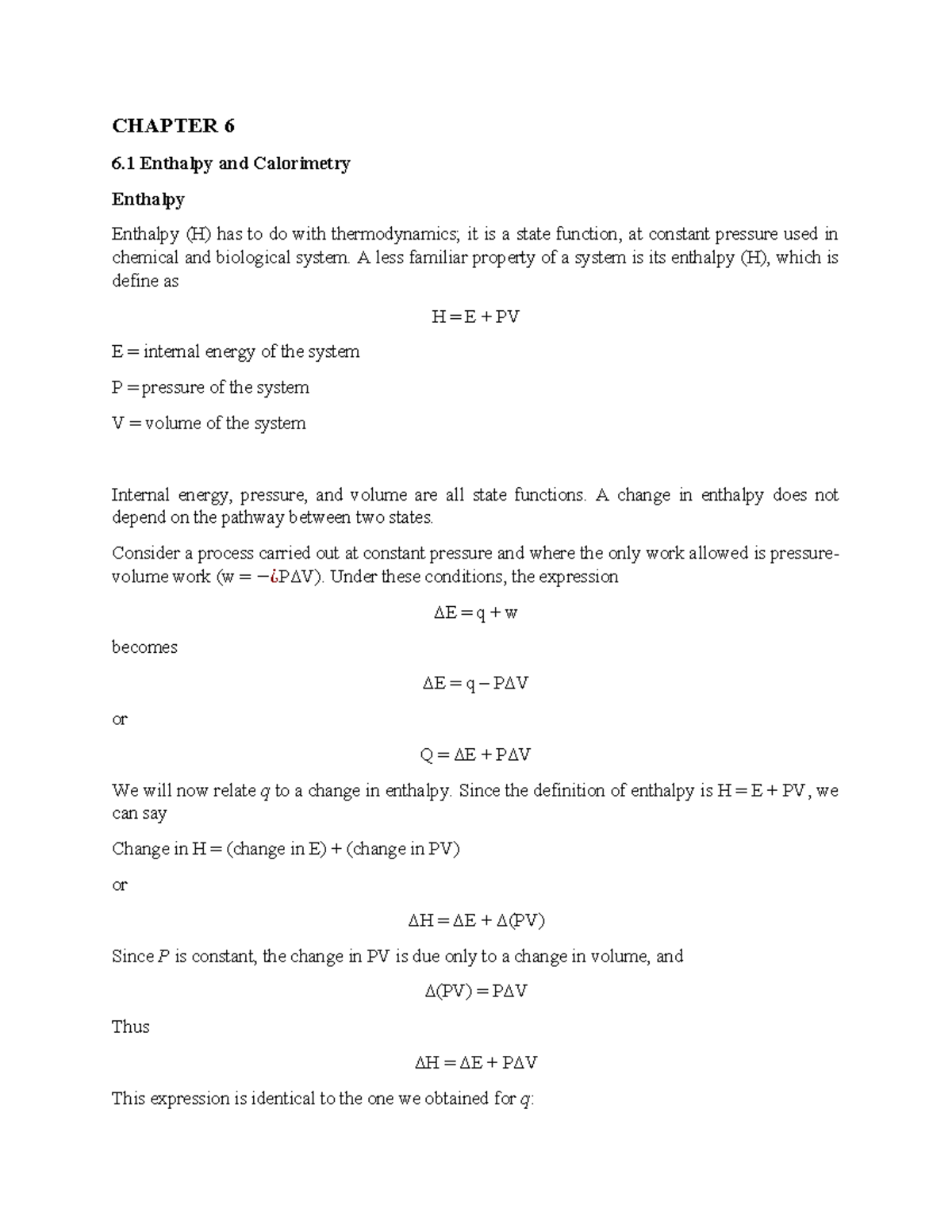 Chapter 6 Thermodynamics - CHAPTER 6 6 Enthalpy and Calorimetry ...