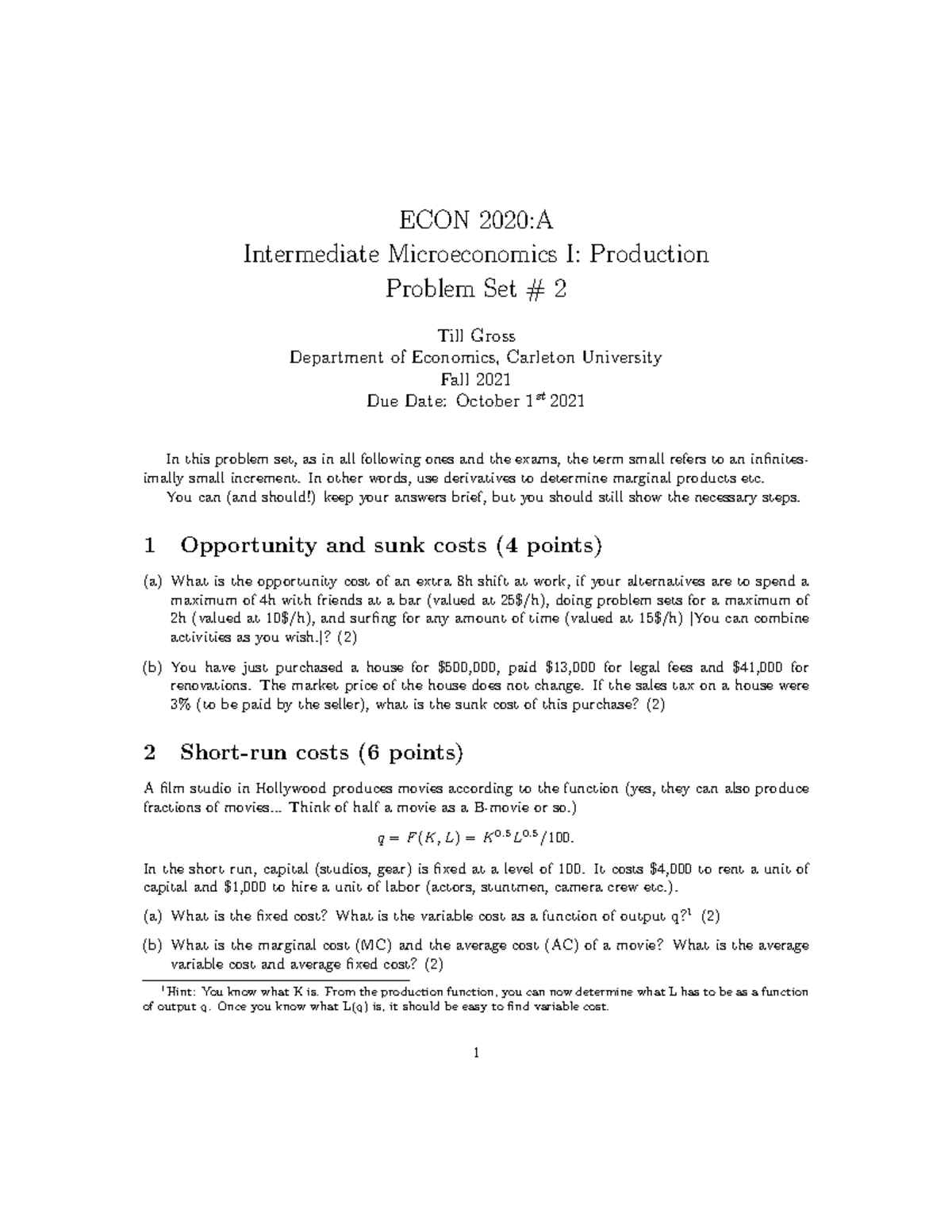Assignment 2 - ECON 2020:A Intermediate Microeconomics I: Production ...