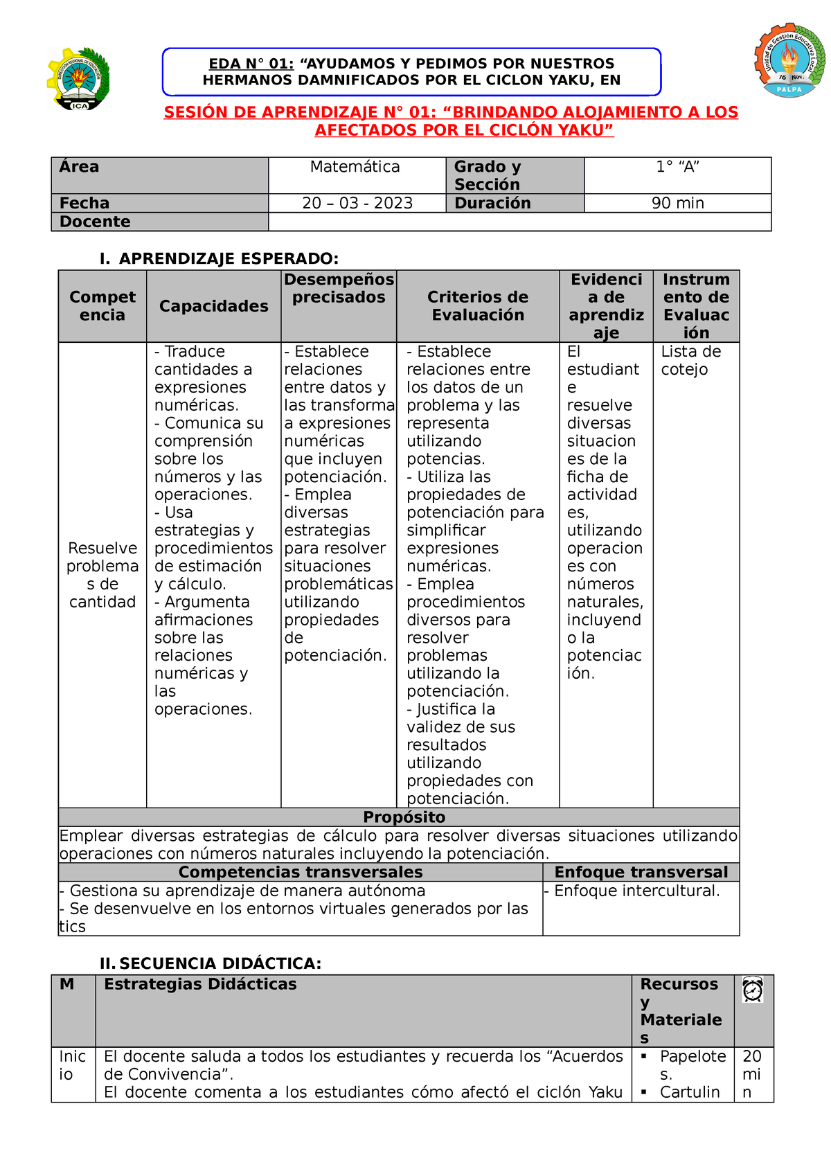 1°- Sesion 1-EDA 1 - Matemáticas - SESIÓN DE APRENDIZAJE N° 01 ...