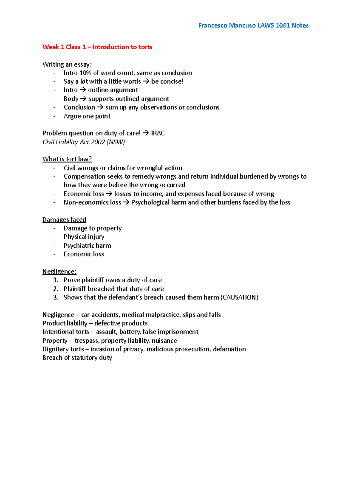 Torts LAWS1061 Notes - Week 1 Class 1 – Introduction to torts Writing ...