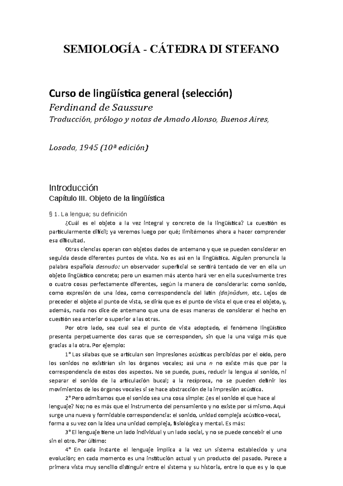 Saussure - SEMIOLOGÍA - CÁTEDRA DI STEFANO Curso De Lingüística General ...