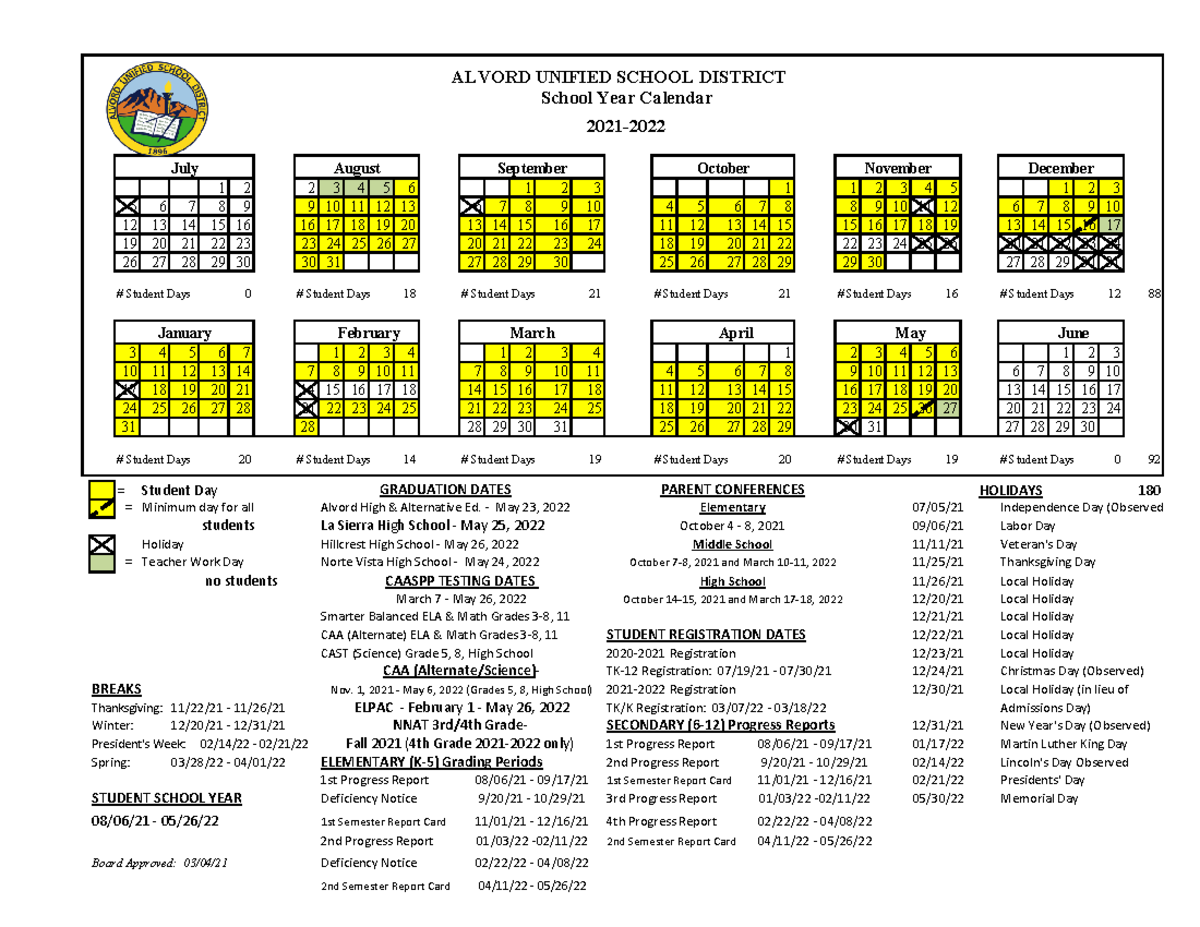 Finalized 20212022 School Calendars ALVORD UNIFIED SCHOOL DISTRICT