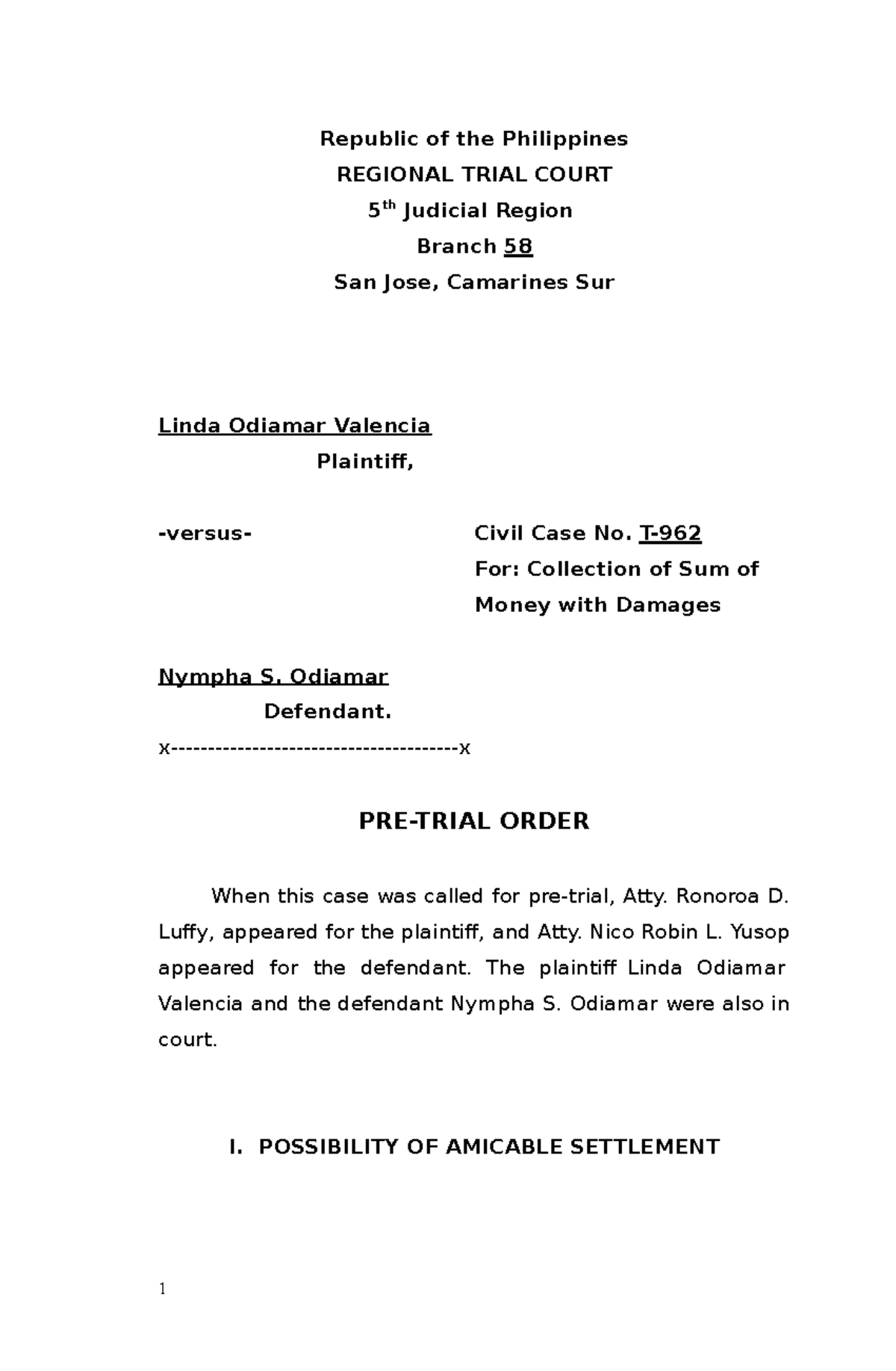 PRE Trial Order in Civil Case in the Philippines - Republic of the ...