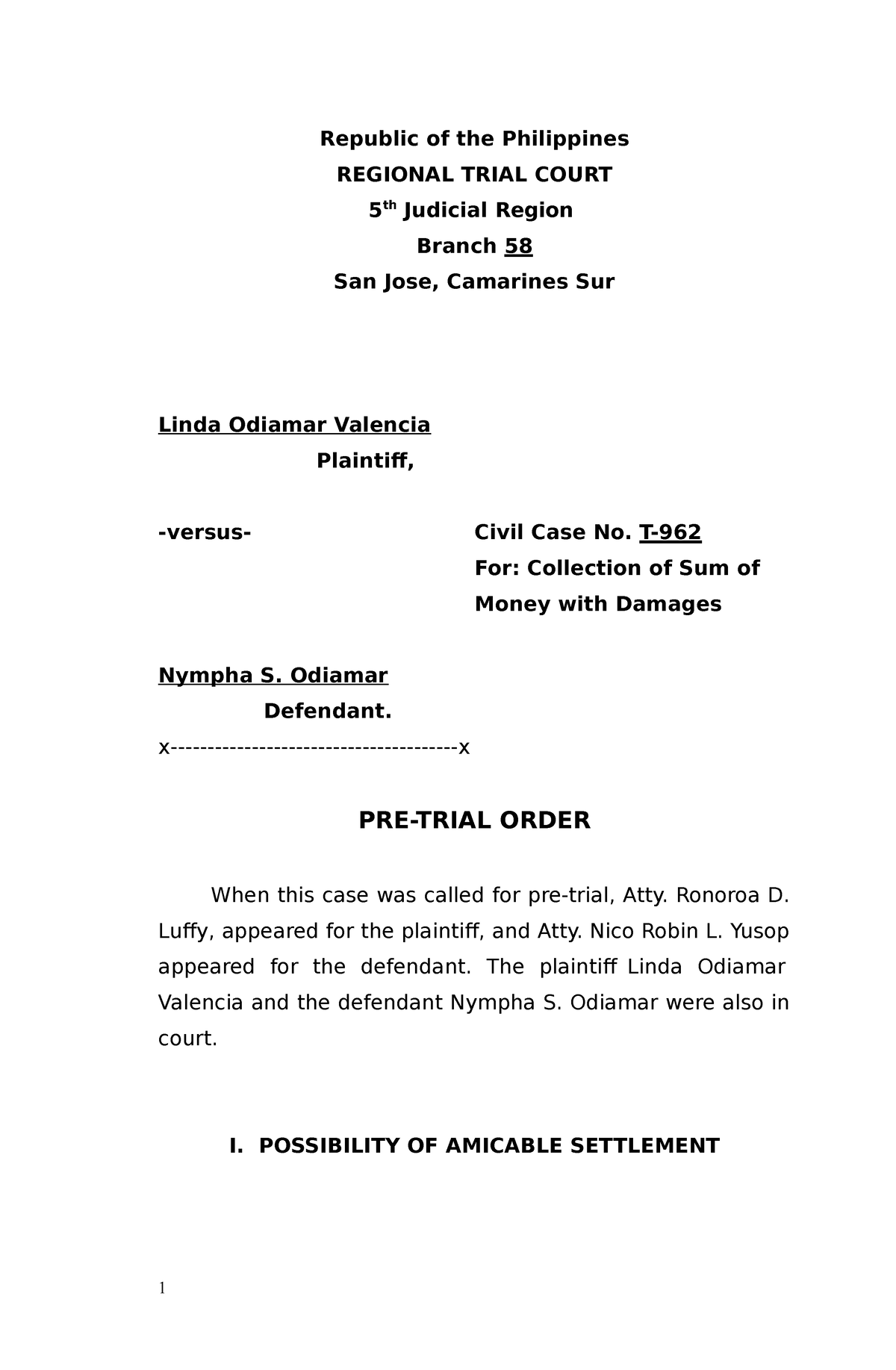 PRE Trial Order In Civil Case In The Philippines Republic Of The 