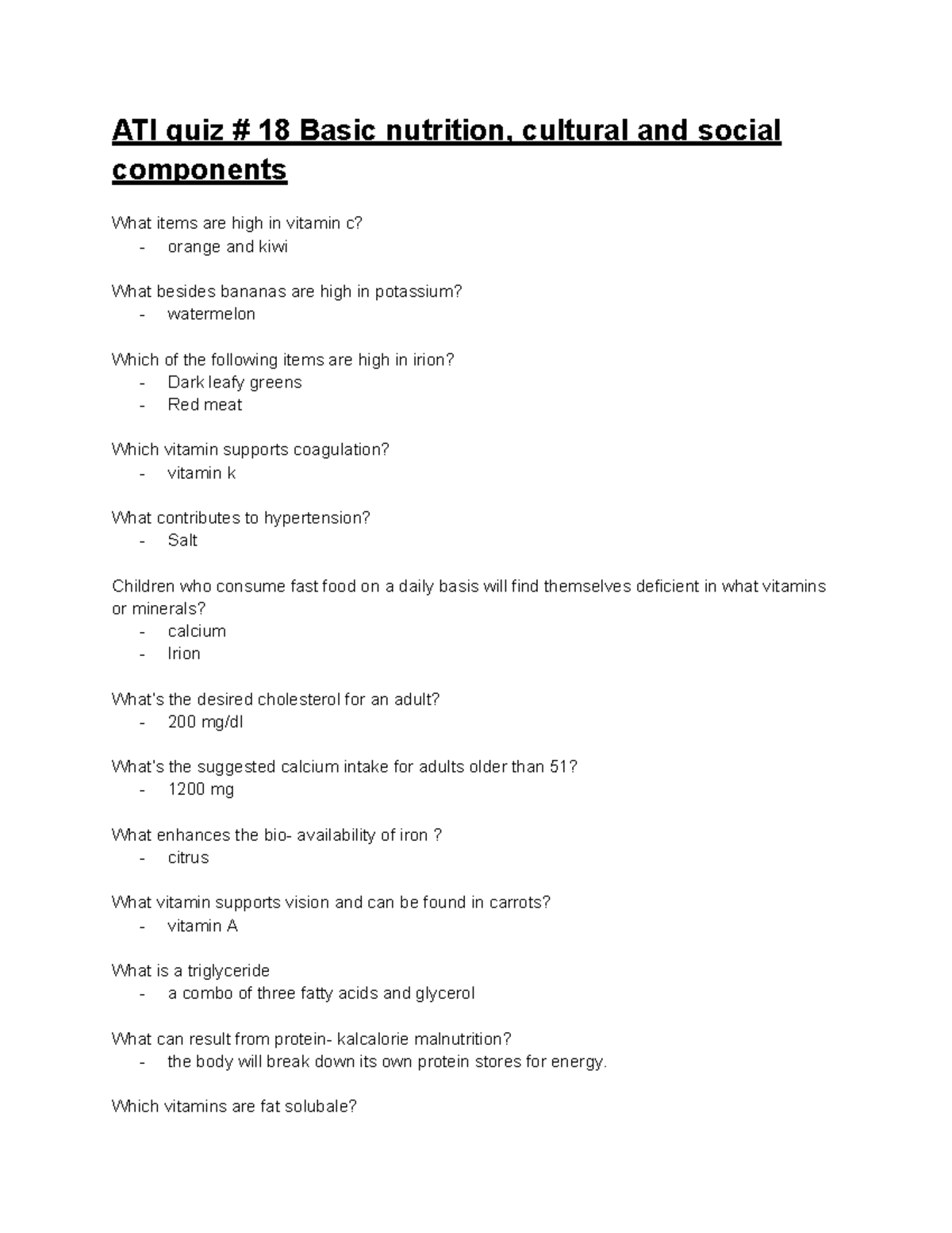 ATI quiz 18 nutrition ATI quiz 18 Basic nutrition, cultural and social components What