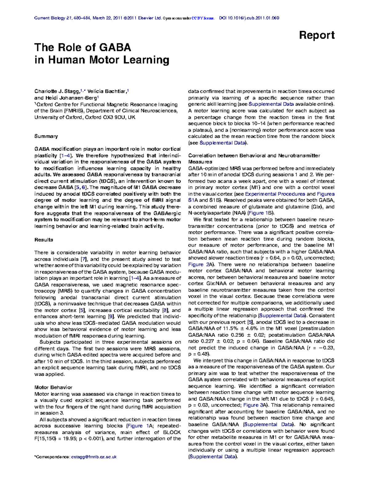 GABA and motor - article - Report The Role of GABA in Human Motor ...