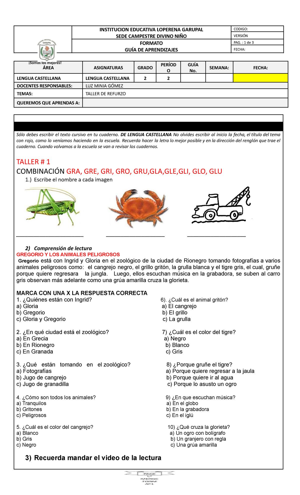 Taller De Refuerzo De Lengua Castellana 2° Periodo Institucion Educativa Loperena Garupal Sede 3304