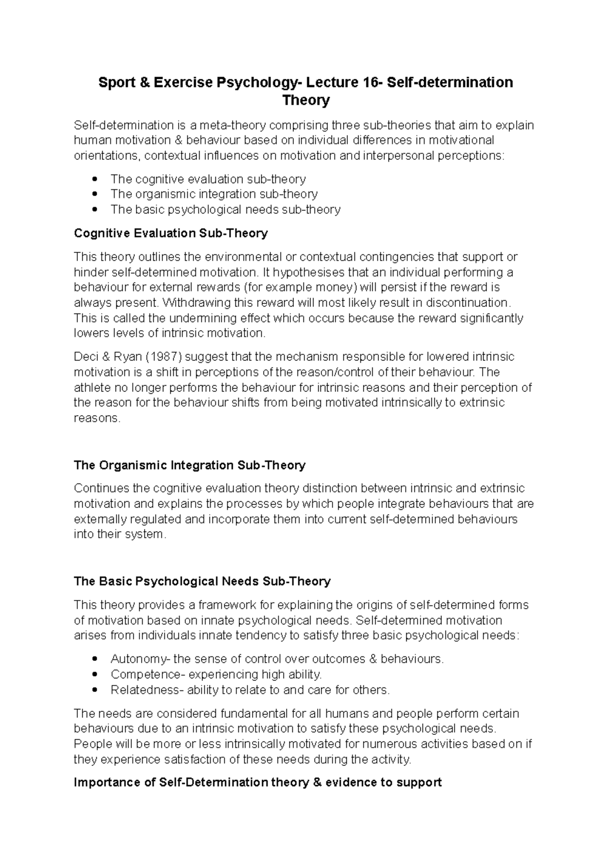 Psychology lecture 16 Selfdetermination theory Sport & Exercise