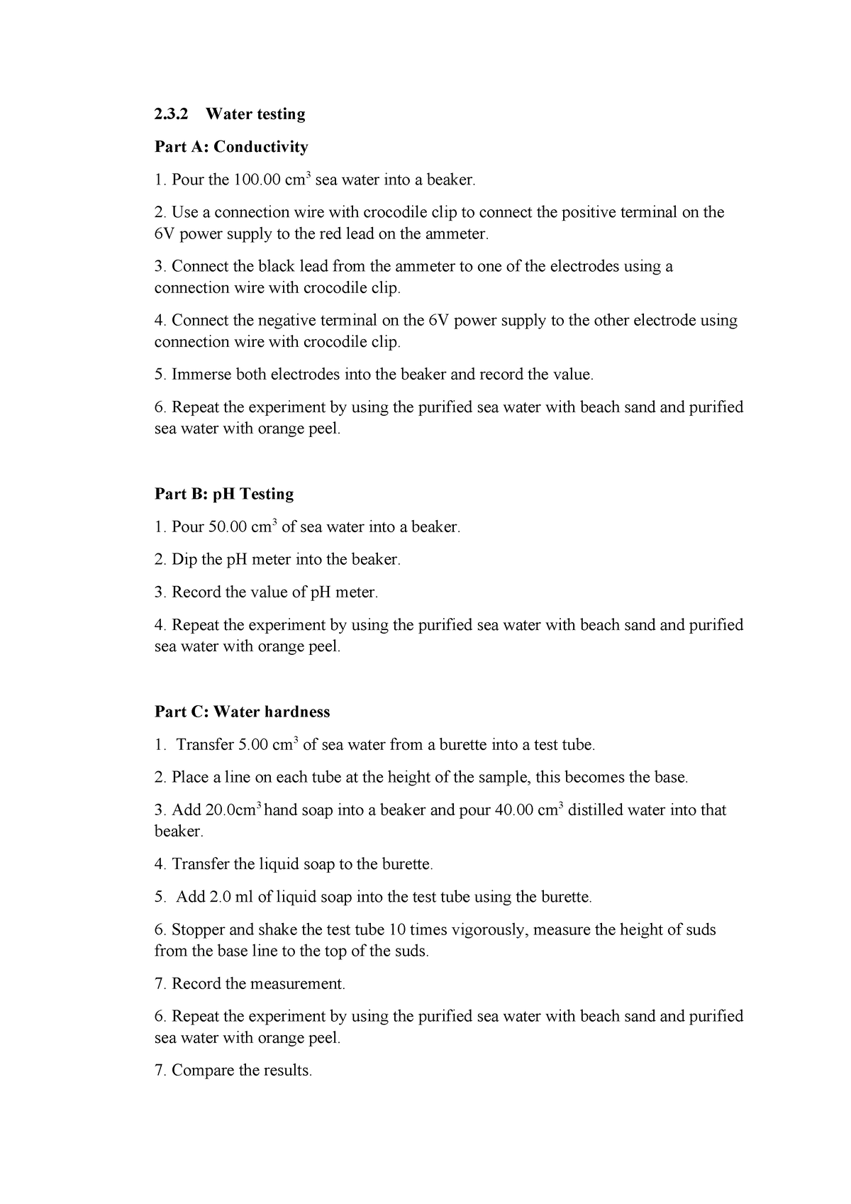 Procedure water testing - 2.3 Water testing Part A: Conductivity Pour ...