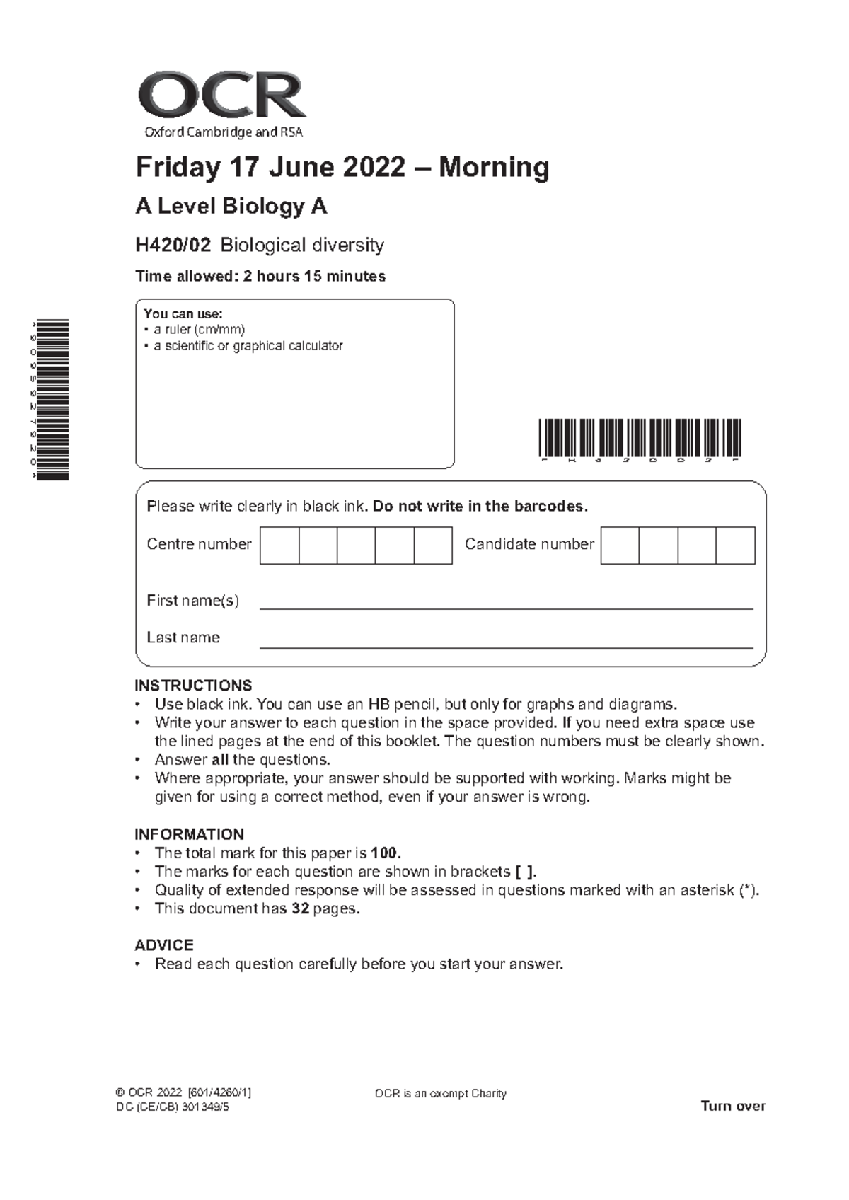 H420-02 QP Jun22 - Oxford Cambridge and RSA Please write clearly in ...
