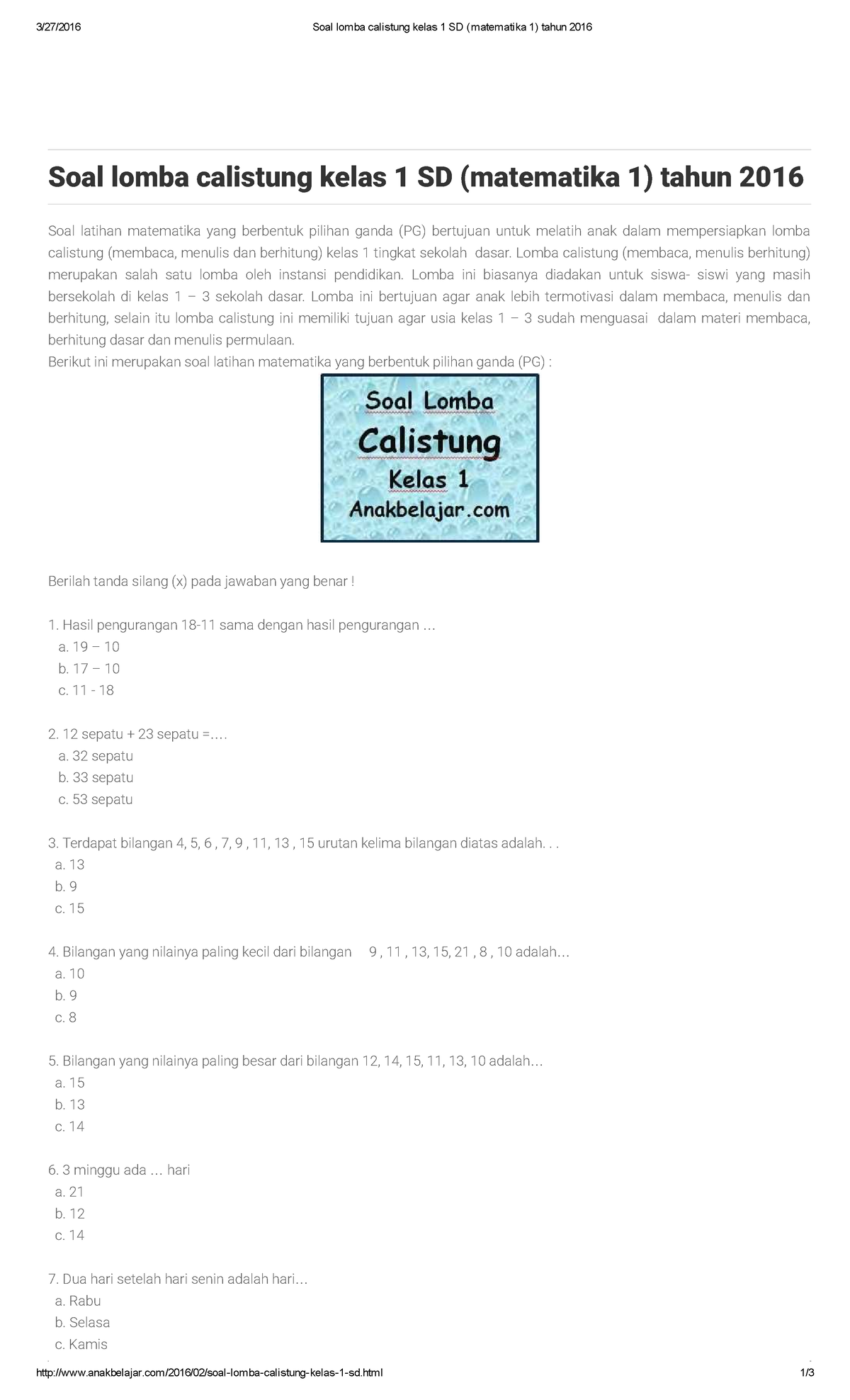 Soal Calistung 1 Sd 2017 - 3/27/2016 Soal Lomba Calistung Kelas 1 SD ...