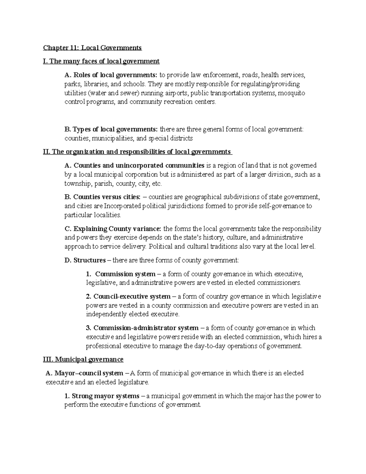 POS 2112 Student Chapter Outlines Valencia - Chapter 11: Local Governments  I. The many faces of - StuDocu