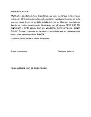 Ejemplo de documento para redactar una razón - MODELO DE RAZÓN RAZÓN: Que  asienta los testigos de - Studocu