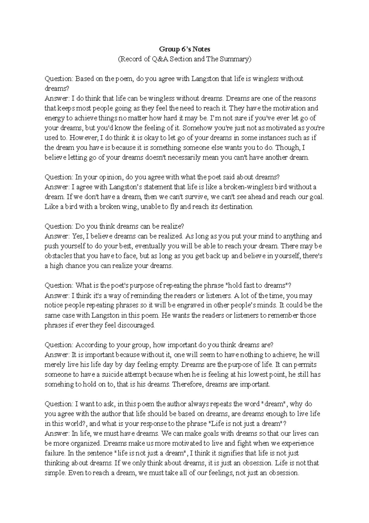 Group 6’s Notes Group 6’s Notes (Record of Q&A Section and The