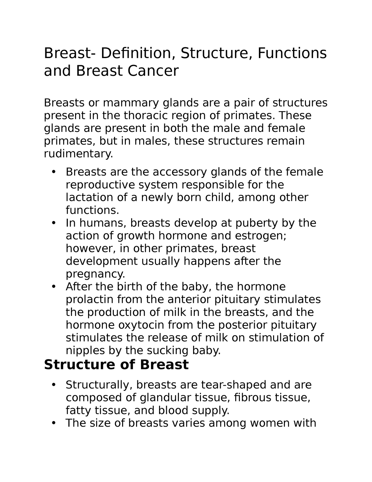 Breast- Definition, Structure, Functions and Breast Cancer