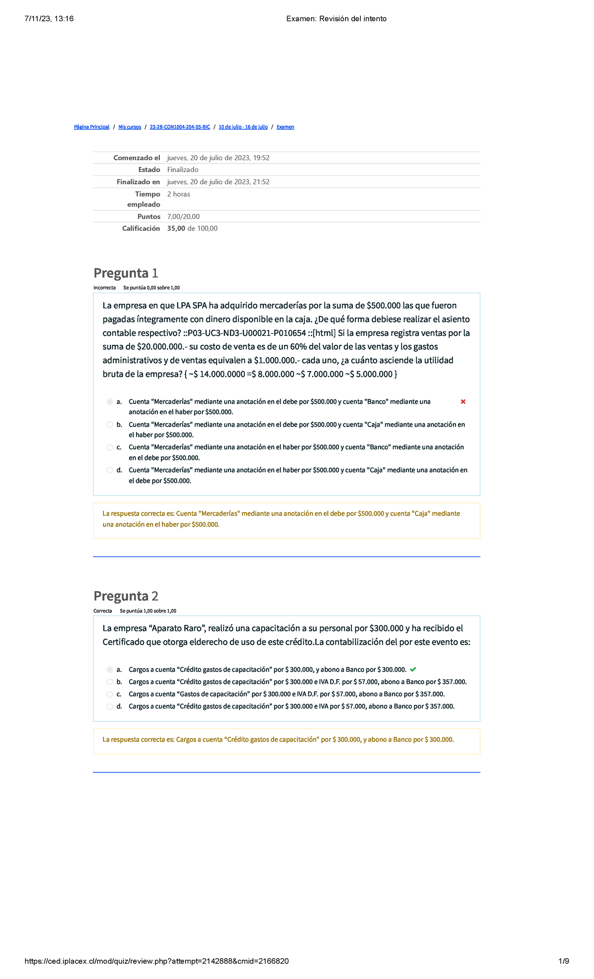 Examen Revisión Del Intento Contabilidad - Página Principal / Mis ...