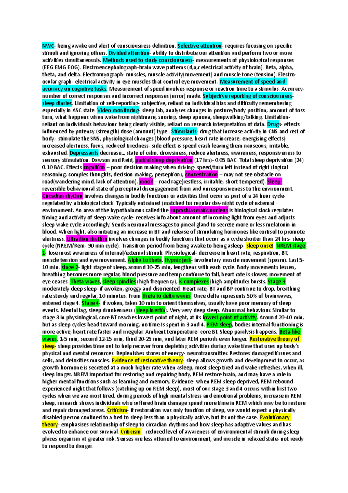 Psychology unit 4 aos 1 notes vce - NWC- being awake and alert of