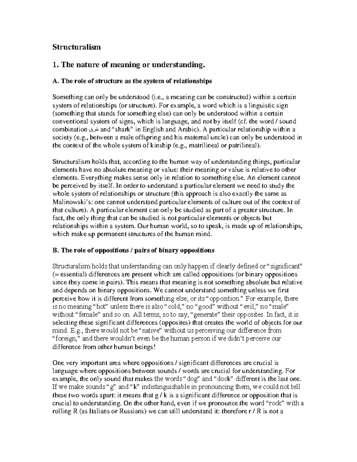 Handout on structuralism - Structuralism 1. The nature of meaning or ...
