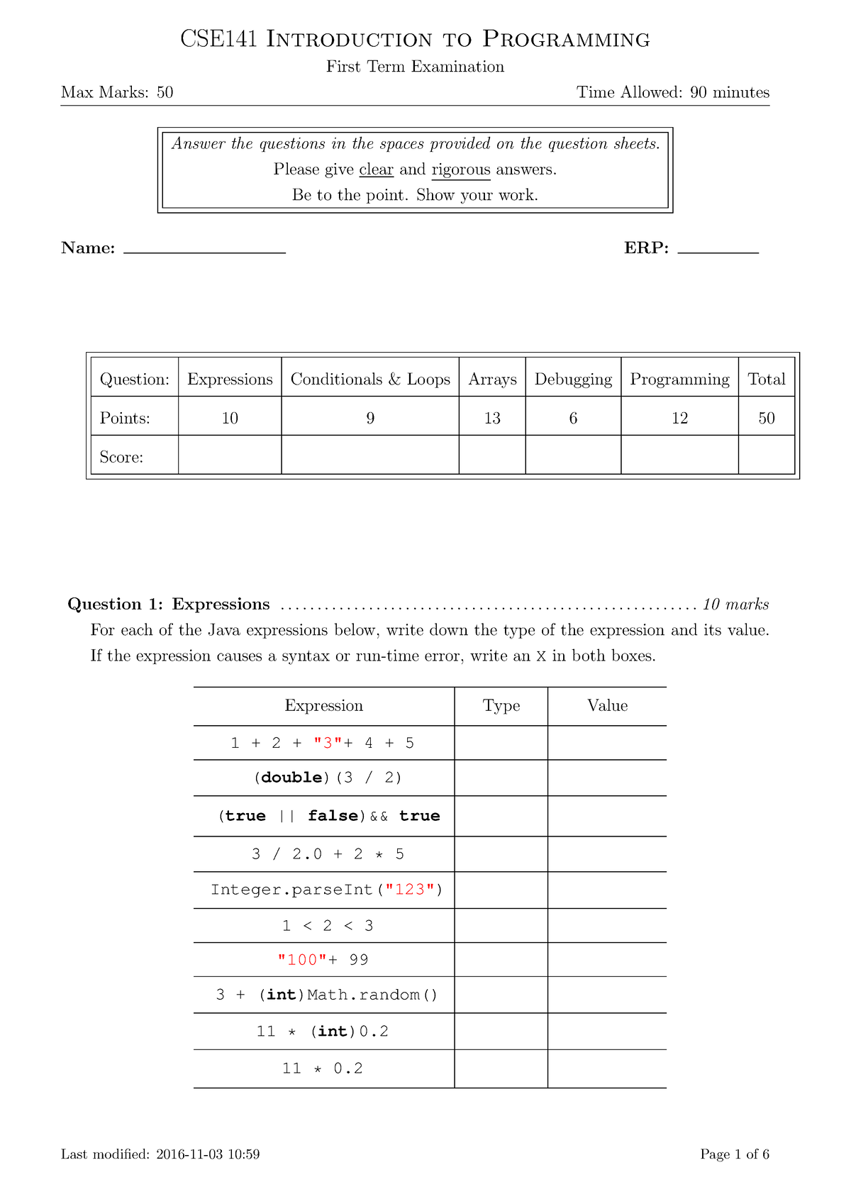 Simple Programming Questions Max Marks 50 CSE141 Introduction To 