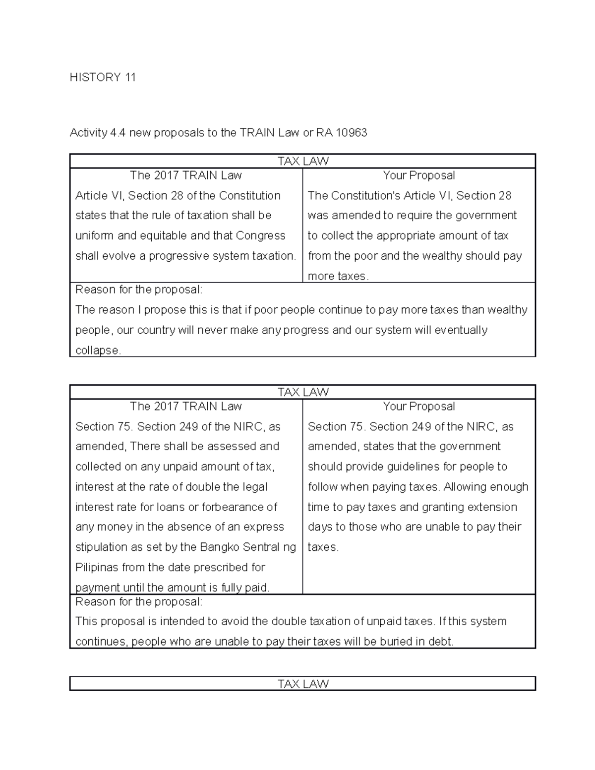 History 11 Train LAW or R.A. 10693 HISTORY 11 Activity 4 new proposals to the TRAIN Law or