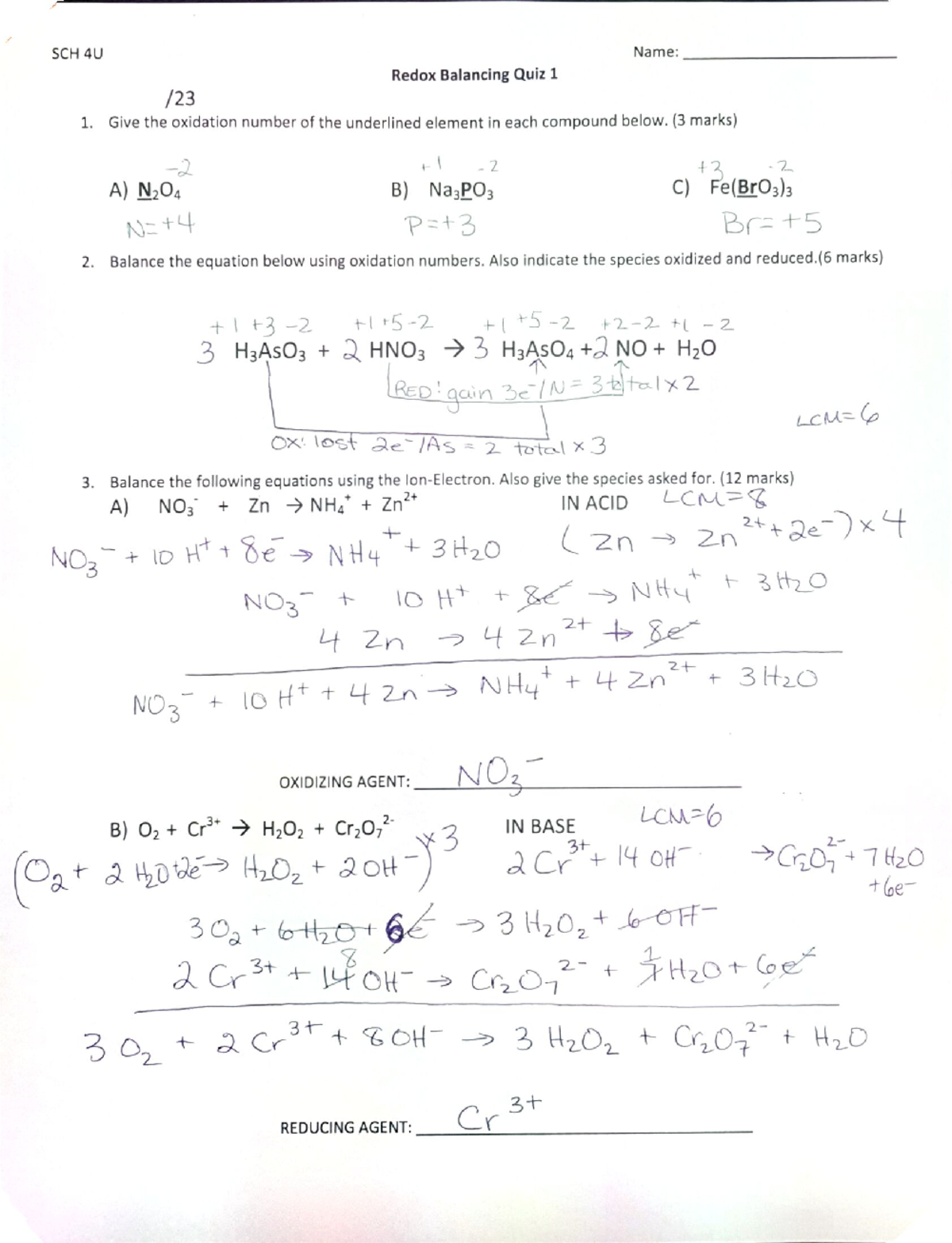 Redox Balancing Quiz Practice Oct 2020 Answers - SCH 40 Name: Redox ...