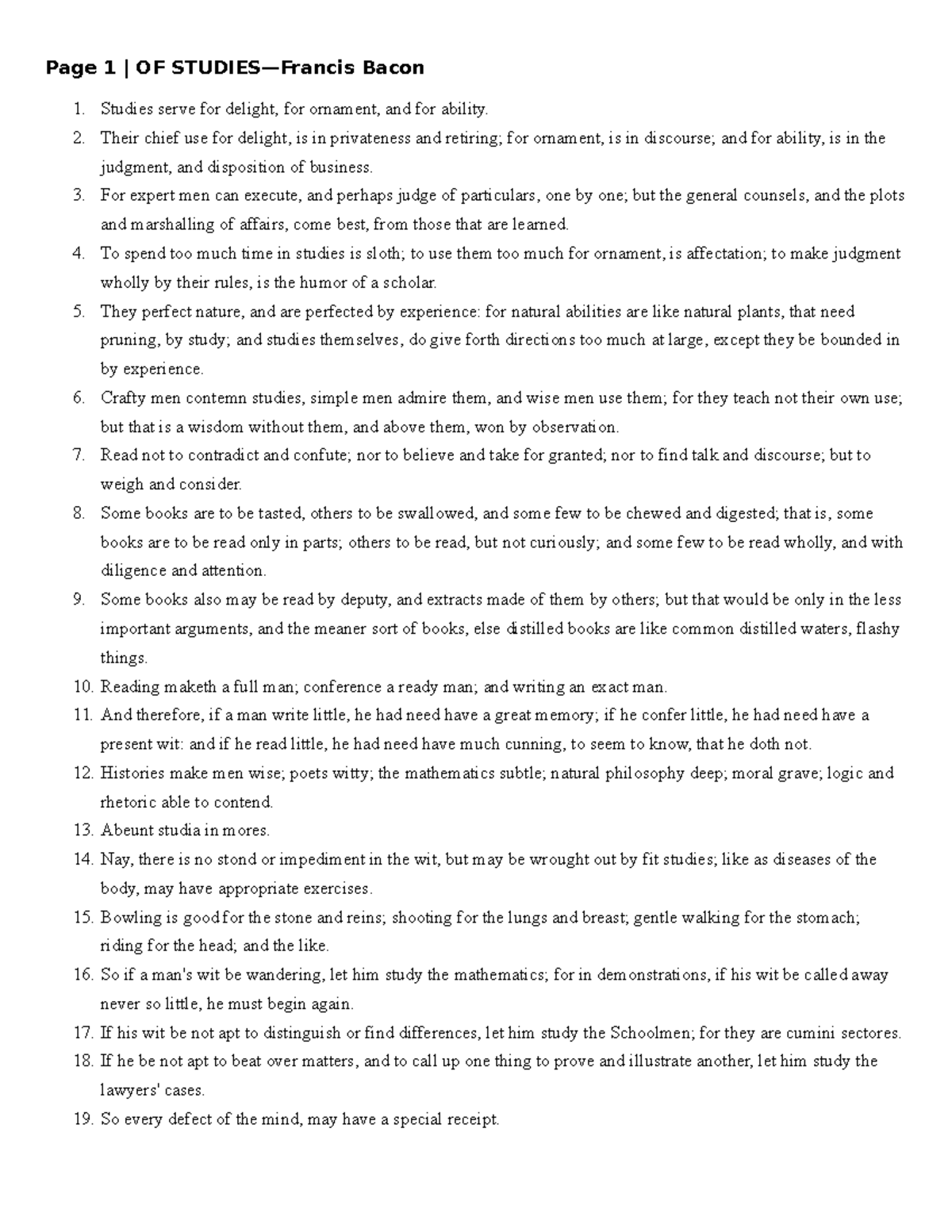 English 100Final Exam Prep Sheet - Page 1 | OF STUDIES—Francis Bacon ...