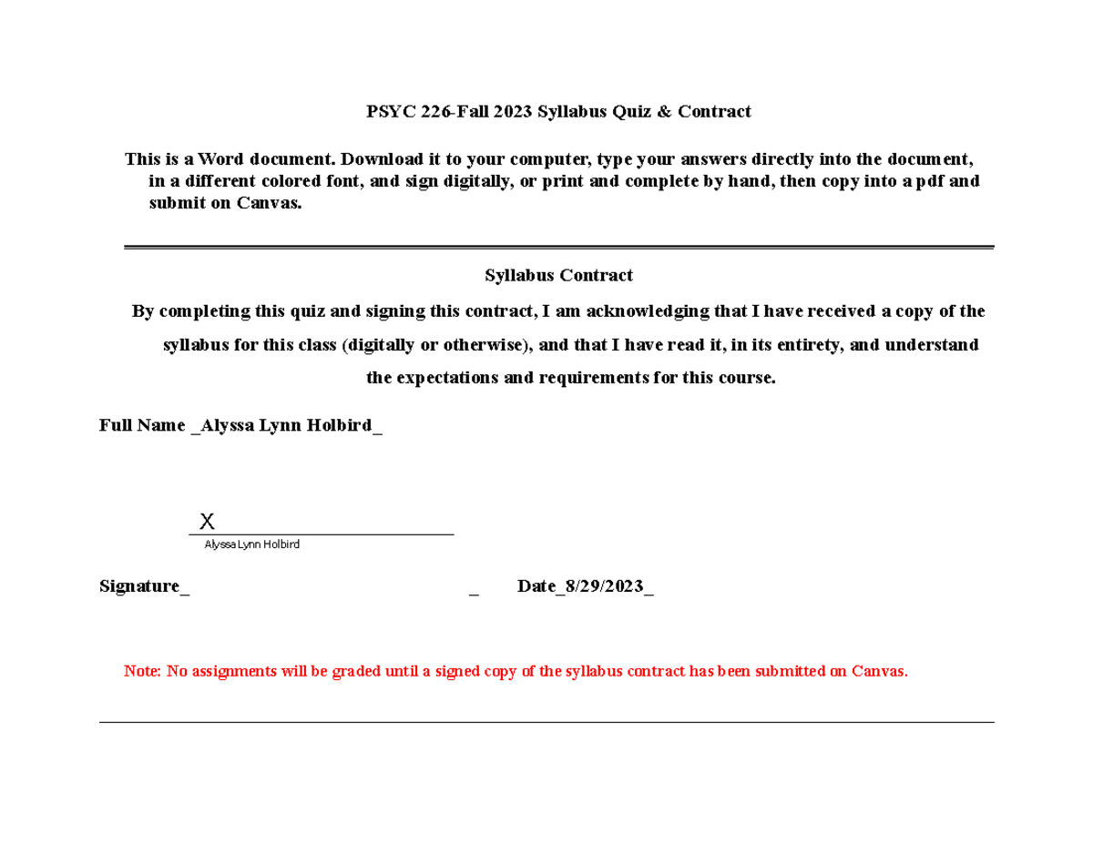 Syllabus Quiz answer PSYC 226Fall 2023 Syllabus Quiz & Contract This