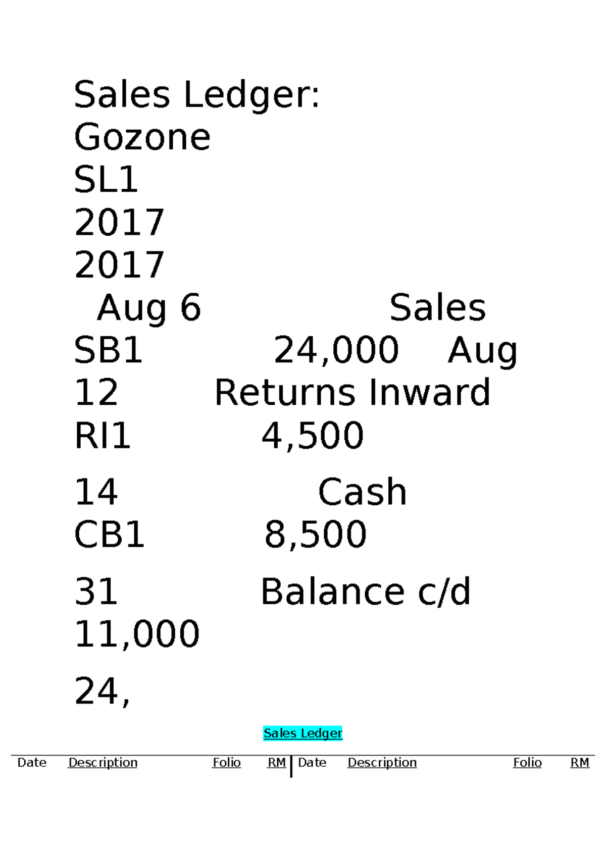 Acc Assignment - Sales Ledger: Gozone SL 2017 2017 Aug 6 Sales SB1 ...
