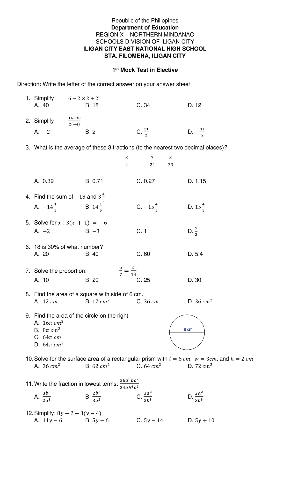 Elective Algebra Summative Test - Republic of the Philippines ...