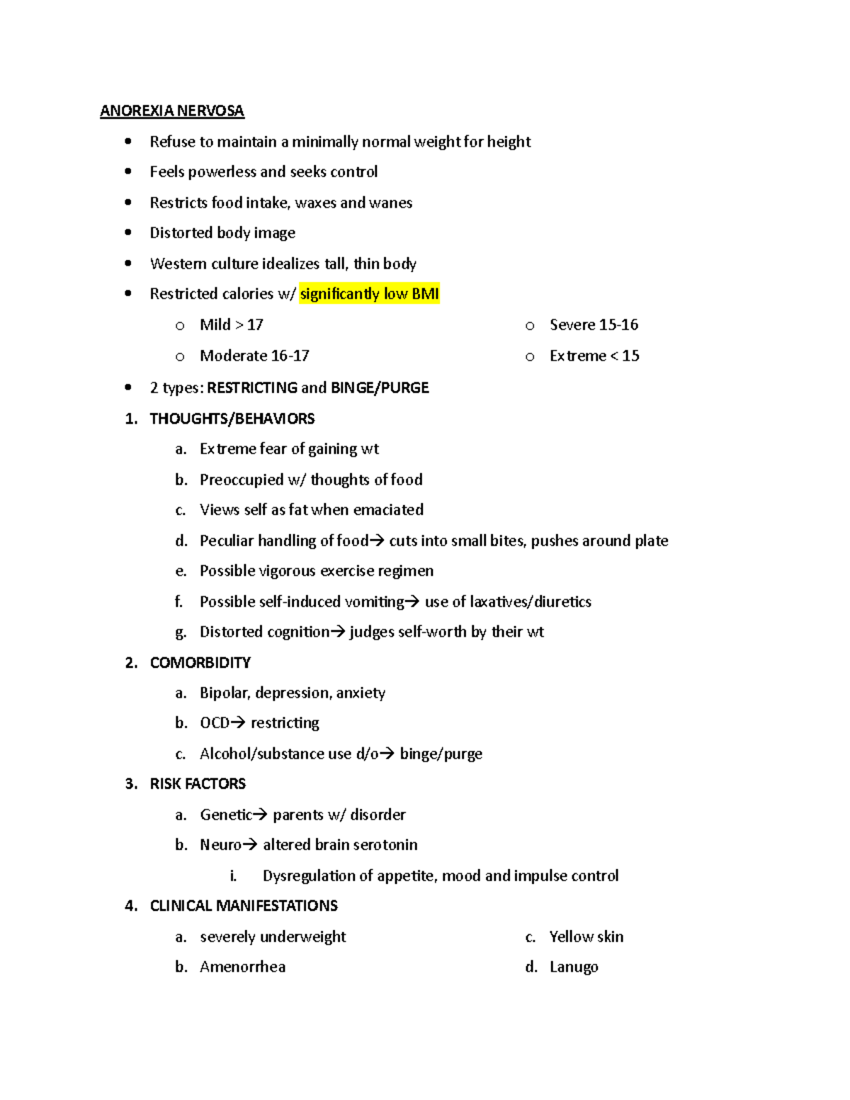Mental Exam 3 - exam review notes - ANOREXIA NERVOSA Refuse to maintain ...