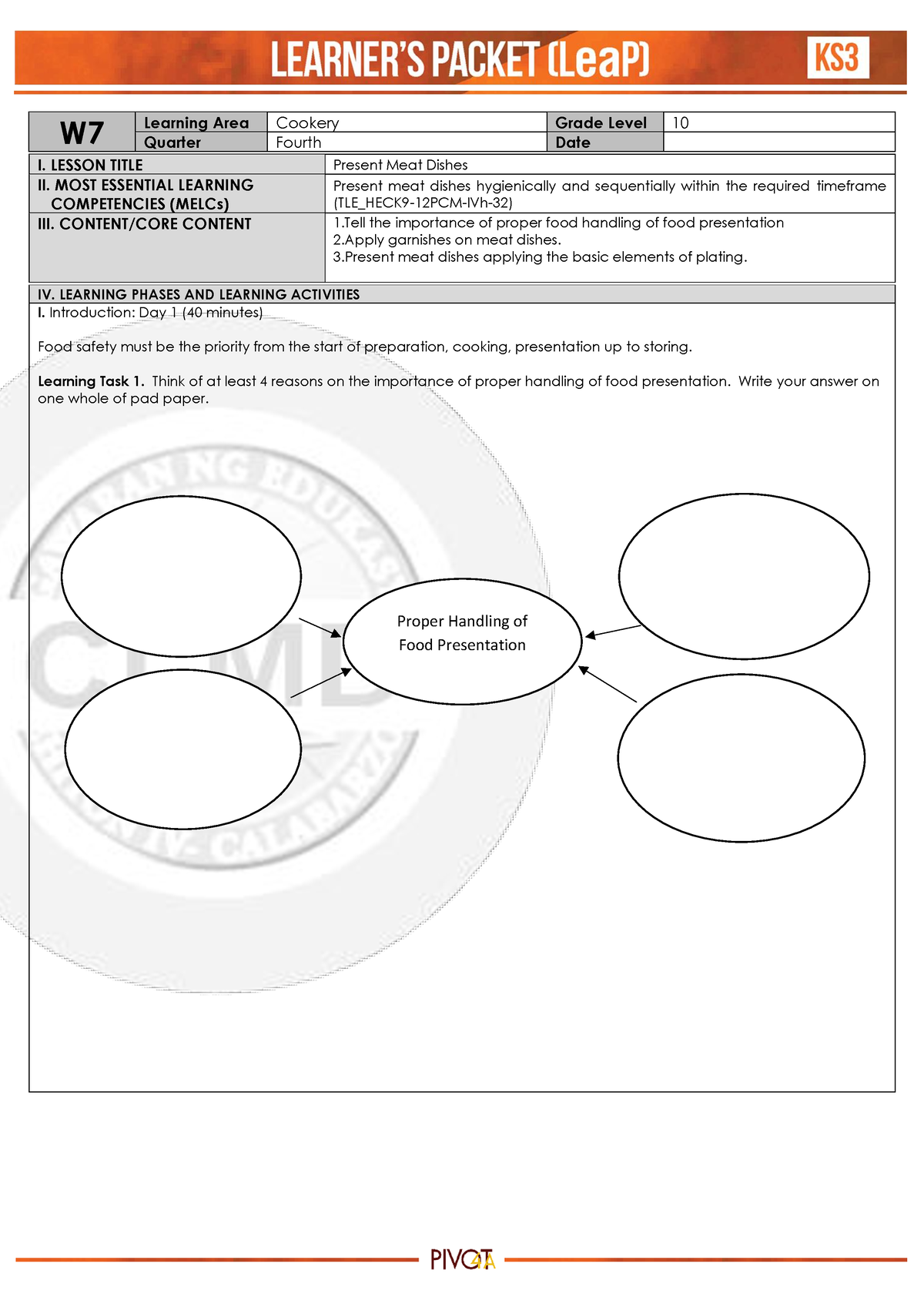 Q4 HE Cookery 10 Week7 - Lesson Plan - W Learning Area Cookery Grade ...