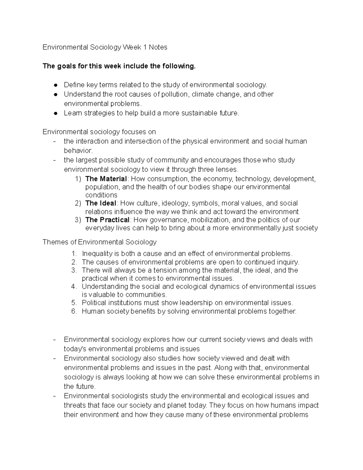 Environmental sociology week 1 notes define key terms related to the 