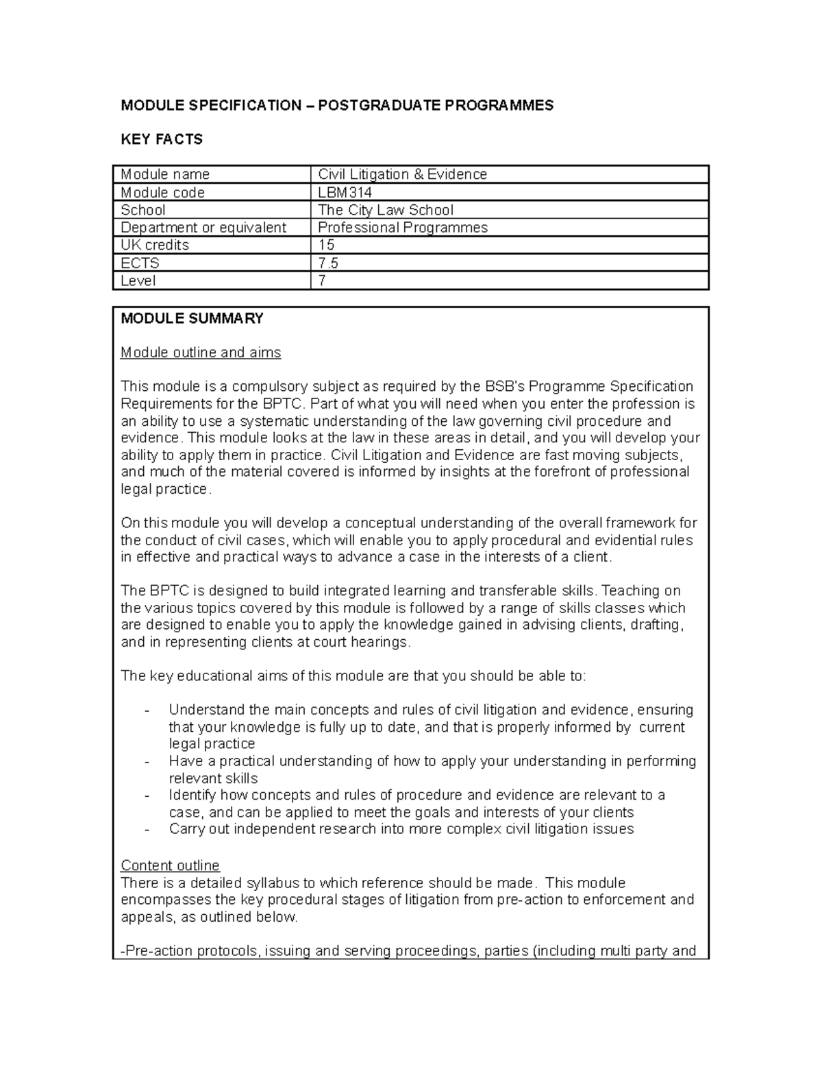 LBM314 - Civil Litigation Evidence - MODULE SPECIFICATION ...