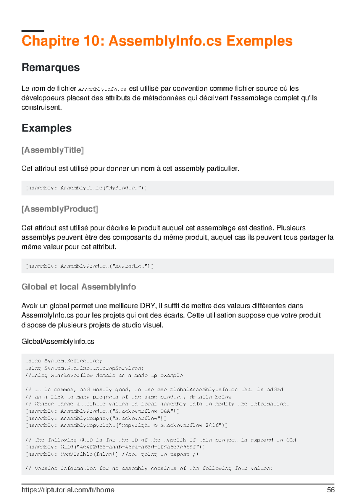 Language cAssemblyInfo.cs Exemples Chapitre 10 AssemblyInfo