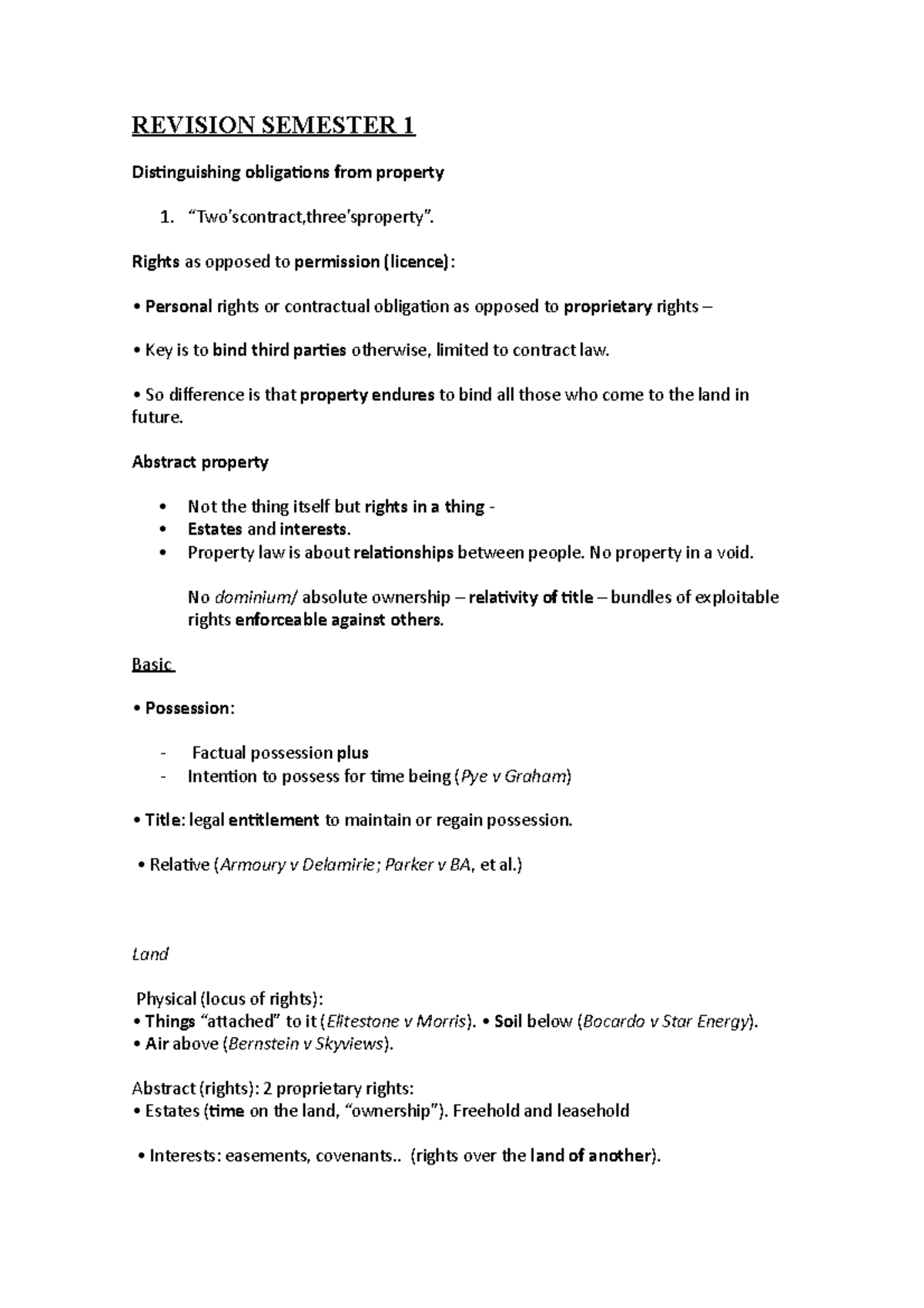 Property LAW SEM 2 Notes - REVISION SEMESTER 1 Distinguishing ...