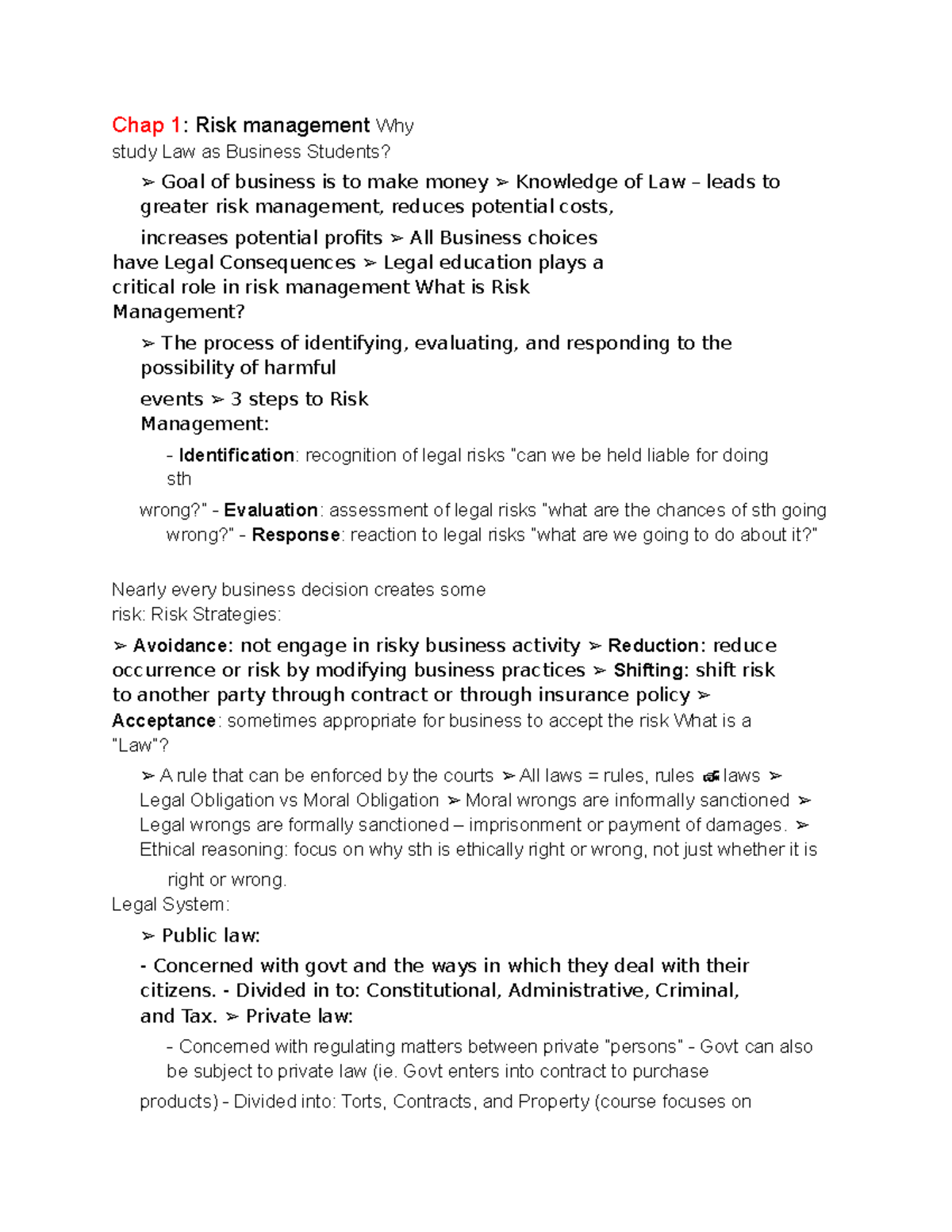 Law122 Midterm Notes - Chap 1: Risk Management Why Study Law As ...